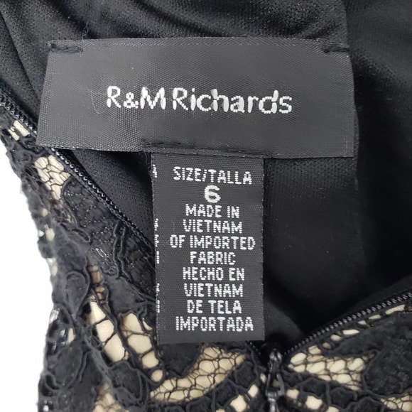 3/$25 R&M Richards Lace Cocktail Dress 6 Sheath Tiered Layered Square Neck Black - Picture 3 of 10